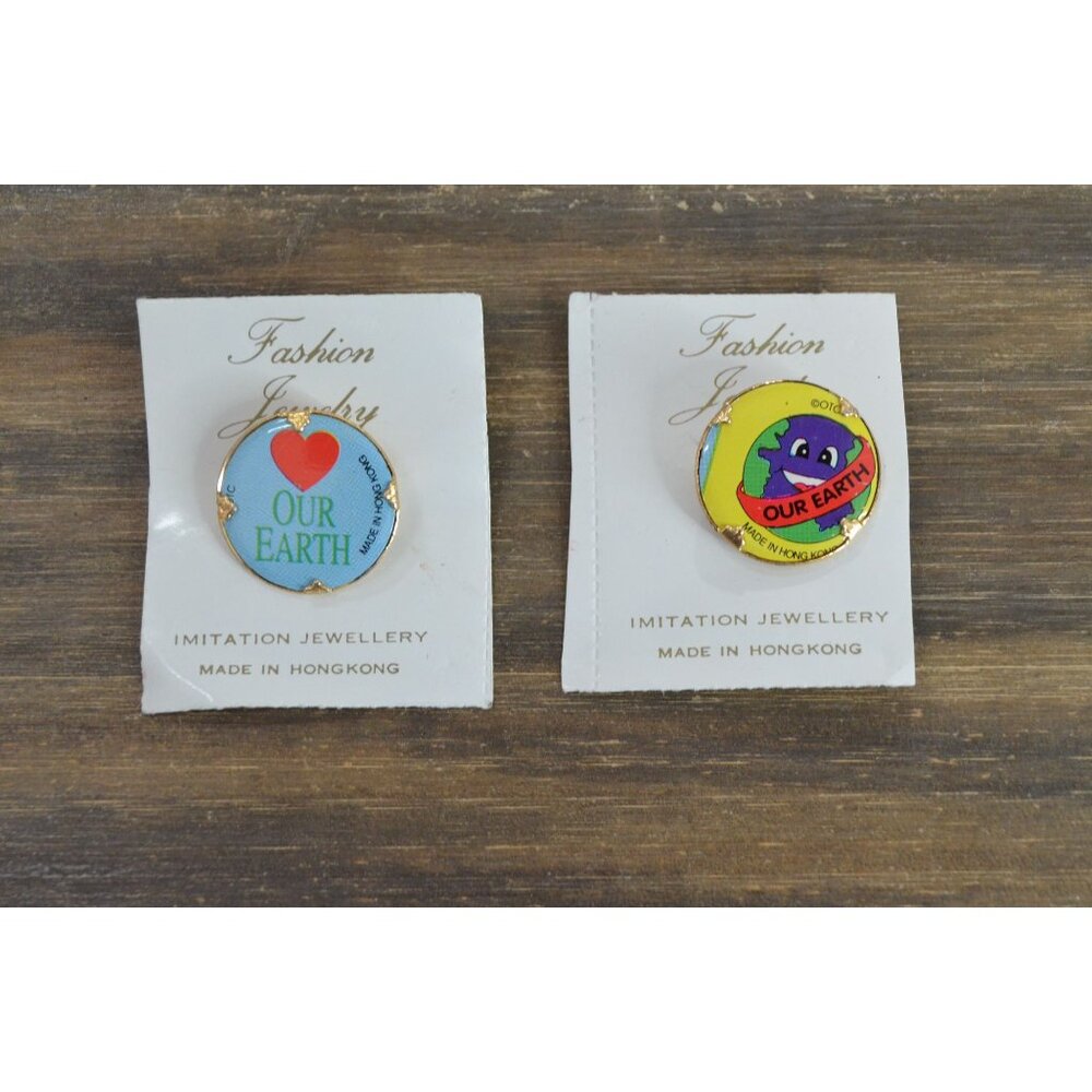 Vintage Our Earth Pin Lot of 2 Hong Kong OTC Gold Tone Celebrate Day